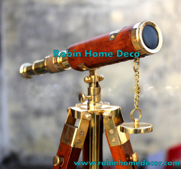 Vintage Brass Telescope Pirate Working Antique Spyglass With Wooden Tripod Decor